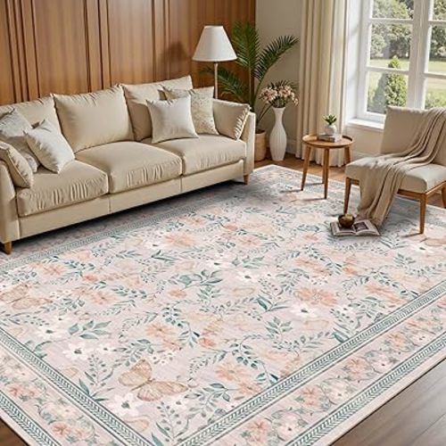 6x9 Pink Rug for Living Room Bedroom, Floral Washable Rug,Vintage Boho Area Rug, Large Non Slip Low Pile Flower Carpet for Indoor Dining Room,Girls Room,Nursery Room and Kids Room(Pink 6x9ft)