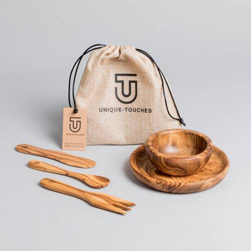 UNIQUE-TOUCHES® | Olive Wood Baby and Toddler Dinner Set – 5 pieces. Comes with Free Gift Pouch & with Free Personalization (optional)