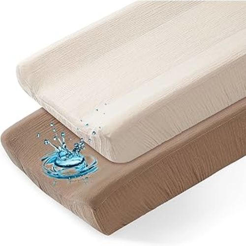 Basumee Muslin Changing Pad Cover Waterproof 2 Pack Baby Changing Table Covers for Boys and Girls Soft Breathable Nursery Diaper Change Table Cover Pad Fits 32"x16", Lvory and Brown