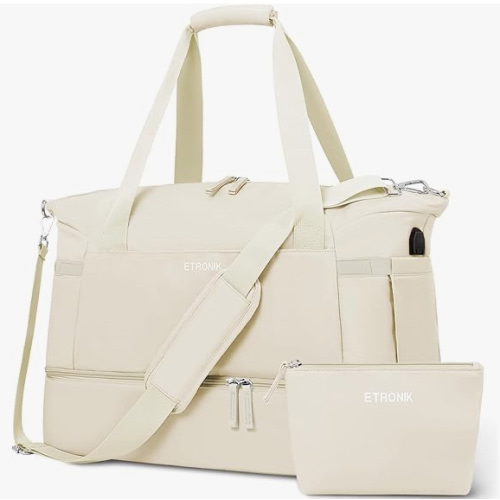 ETRONIK Gym Bag for Women, 47L Carry On Travel Duffel Bag with Shoes Compartment, Weekender Overnight Bag with Wet Pocket & USB Charging Port for Women, Travel, Gym, Weekend, Large Size (Beige)