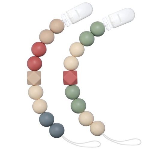 Tyry.Hu Pacifier Clip Baby Girls Binky Clips Holder Soothie Paci Clip Silicone Bead Teething Relief Teether Toy Set of 2 Pack(Green, Brick Red)