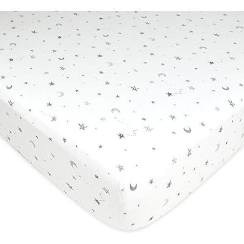 American Baby Company Fitted Crib Sheet 28" x 52", Soft Breathable Neutral 100% Cotton Jersey Sheet, Gray Stars and Moons, for Boys and Girls, Fits Crib and Toddler Bed mattresses