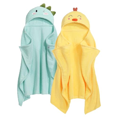 WODHOY Toddler Towels with Hood for 0-5 Years, 2-Pack Premium Coral Fleece 50"x32" Large Size Baby Bath Towel for Girl Boy with Buttons,Soft Absorbent Animal Hooded for Comfort- Great Gift for Newborn