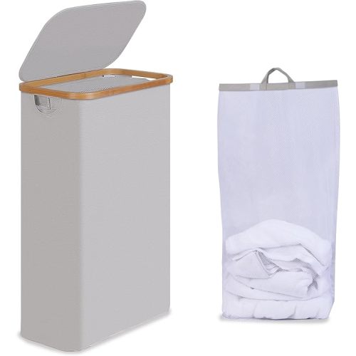 efluky Slim Laundry Hamper with Lid, Narrow Laundry Hamper with Removable Bag, Collapsible Dirty Clothes Basket with Handles for Bathroom, Bedroom & Laundry Room, 75L Light Grey
