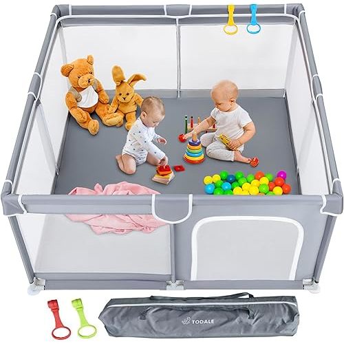 Todale 50”×50” Baby Playpen - Safe Baby Gate, Toddler, Infant & Baby Crib, Play Pen - Portable Floor Playpen for Babies and Toddlers, Anti-Slip Base & Breathable Mesh, Enclosed Baby Play Yard, Gray