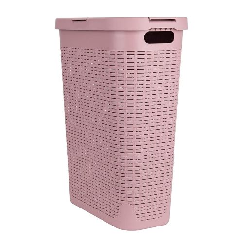 Mind Reader Slim Laundry Hamper with Lid, 40L Clothes Basket, Premium Wicker Design, Plastic, Pink