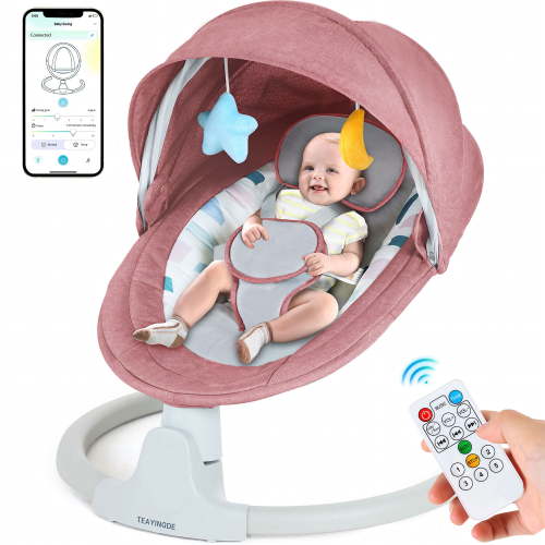 TEAYINGDE Baby Swing for Infants - APP Remote Bluetooth Control, 5 Speed Settings, 10 Lullabies, USB Plug (Pink)