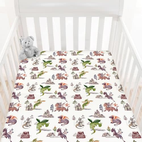 HawSkgFub Watercolor Dragons Fairy Tale Fitted Standard Crib Sheet for Baby Boy, Animal Mountain Dragon Lover Toddler Mattress Cover, Soft Breathable Stretchy Nursery Bed Sheets Decor Gift 52" x 28"