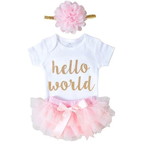 OoSweetCharlotteoO Newborn Baby Girl Coming Home Outfit Hello World Bodysuits 3pcs