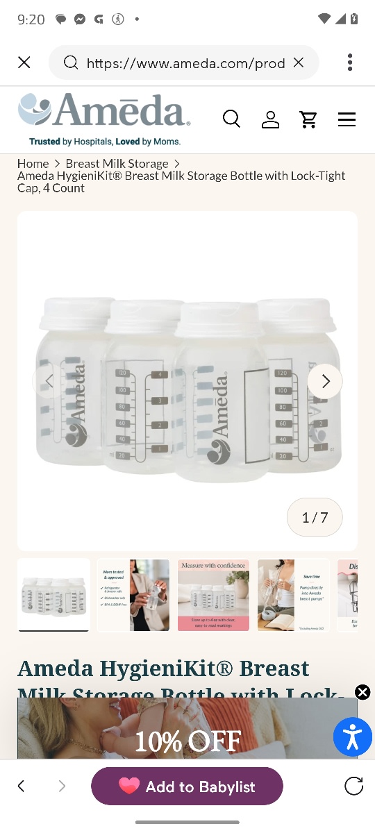 Ameda HygieniKit® Breast Milk Storage Bottle with Lock-Tight Cap, 4 Count