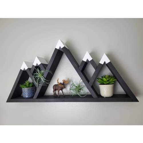 Wooden 5-Peak Mountain Shelf, Rustic Wooden Shelves, Geometric Shelves, Nursery Wall Art, Nursery Shelves, Mountain Wall Decor, Camping Gift in Ebony with snow caps