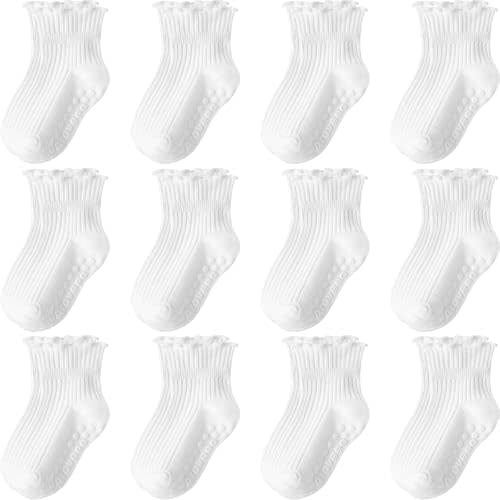 Baby Toddler Girls Socks Grip Ruffle Non Slip Girls Cotton 12 Pack Socks for Kids Cute Ankle 6M-7Years