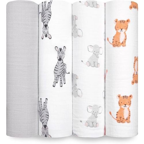 aden + anais Essentials Muslin Swaddle Blankets for Baby Girls and Boys, Newborn Receiving Blanket for Swaddling, 100% Cotton Baby Swaddle Wrap, 4 Pack, Safari Babes