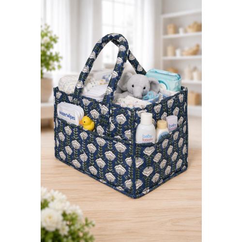 Blue Floral Quilted Cotton Nappy Caddy, Baby Diaper Organizer Basket, Nursery Storage Bin