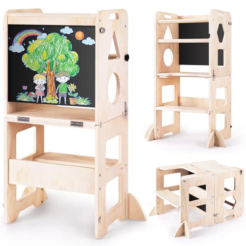 Woodure 4-in-1 Toddler Kitchen Step Stool, Foldable Learning Standing Tower with Blackboard, Wooden Kitchen Stool Helper for Kids, 1-3 Year Old Boy Girl Gifts