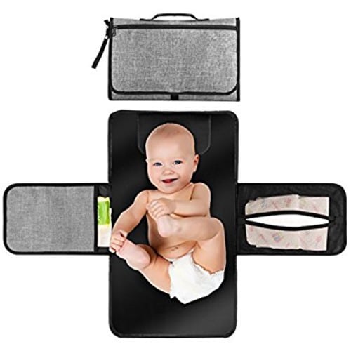 Baby Portable Changing Pad, Diaper Bag Changing Pad Station with Head Cushion, Wipes Pockets-Waterproof & Foldable for Anywhere Use(Grey)