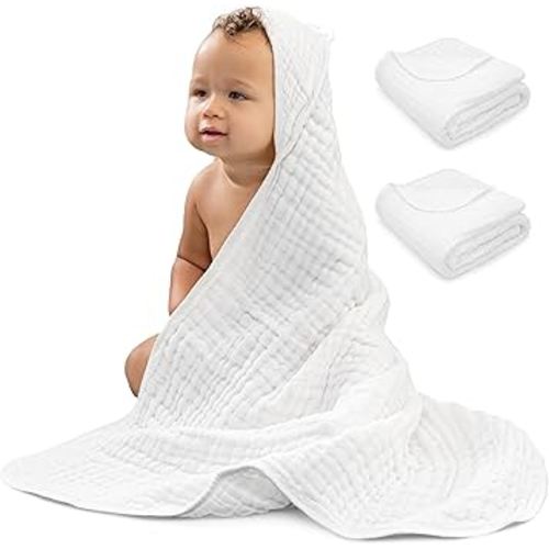 Comfy Cubs 2 Pack Baby Hooded 9 Layer Muslin Cotton Towel for Kids, Large 32” x 32”, Ultra Soft, Warm, and Absorbent. Baby Essentials Bath Towels, Cute Unisex Cover for Girls and Boys (2 Pack, White)