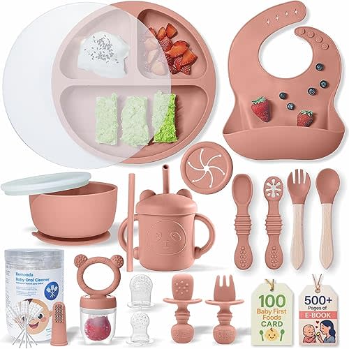 Remonda 23-Piece BPA-Free Silicone Baby Feeding Set | Extra Large Suction Plates, Toddler Bowls, Self Feeding Spoons, and More | Dishwasher Safe| Baby Led Weaning Supplies（Orange）
