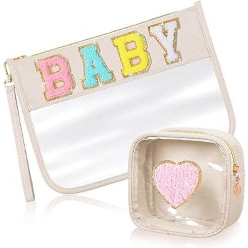 Hillban 2 Pcs Baby Bag Set for Boys & Girls Chenille Letter Bags Preppy Patch Makeup Bag Baby Travel Bags Waterproof Portable Toiletry Storage Bag for Women Girl (Baby Theme)