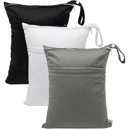 babygoal Wet Dry Bags 3 Pack, Waterproof Reusable Travel Bags for Swimsuits, Baby Cloth Diapers, Beach, Pool, Gym Bag & Wet Clothes with 2 Pockets L-BWG