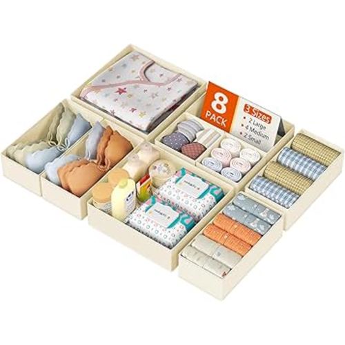 DIMJ Drawer Organizer Clothes, 8 Pack Dresser Organizer, Foldable Closet Organizers and Storage, Fabric Dresser Bins, Drawer Dividers for Nursery, Baby Clothes, Underwears, Sock (Beige)