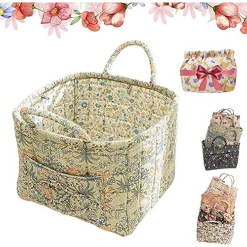 Boho Fabric Storage Basket, Large Capacity Tote Bag with Front Pocket, Boho Floral Laundry Baskets, Foldable Square-Shaped Decorative Quilted Storage Basket with Handles Home Organization (Color-B)