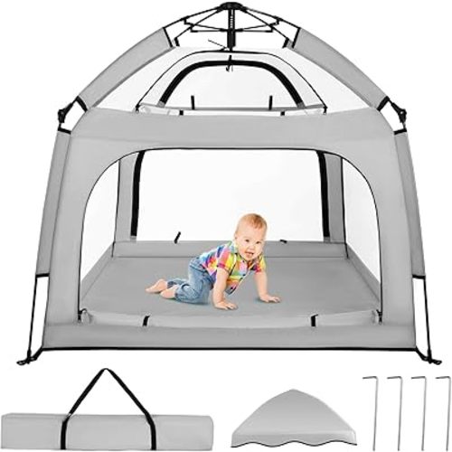 Portable Baby Playpen with Canopy, Infant Play Yard, Beach Tent, Mosquito Net for Indoor and Outdoor (Grey)