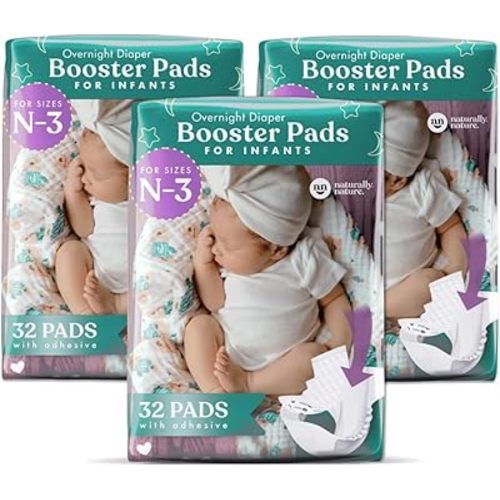 Naturally Nature Diaper Booster Pads Stop Nighttime Leaks, Adhesive Diaper Liners for Baby Overnight Diapers - Size N-3 Girls, 96-Pack - Disposable Diaper Pads for Heavy Wetters and Active Sleepers