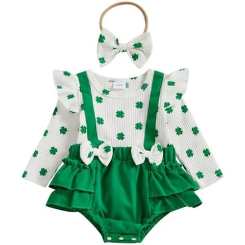 Lamuusaa Newborn Baby Girl St. Patricks Day Outfit Long Sleeve Four Leaf Clover Romper Ruffle Bodysuit Headband 0-18M