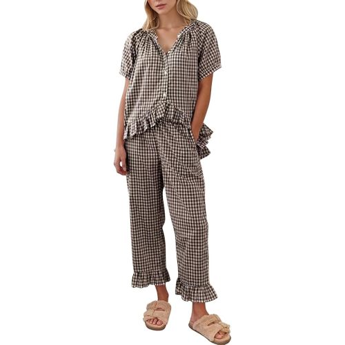 COZYPOIN Womens Gingham Pajama Set 2 Piece Plaid Cotton Pjs Cute Ruffle Sleepwear Maternity Bridesmaid Pajamas Loungewear(Coffee-L)