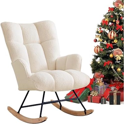 Rocking Chair Nursery Teddy Upholstered Glider Rocker Rocking Accent Chair Padded Seat with High Backrest Armchair Comfy Side Chair for Living Room Bedroom Offices (Ivory Teddy)