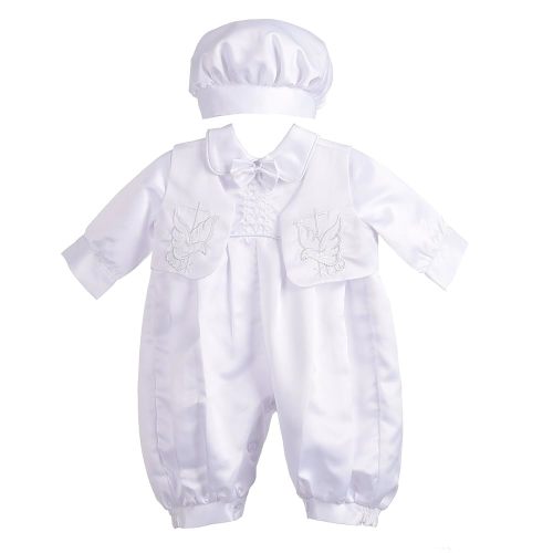 Dressy Daisy Infant Baby Boy Christening Baptism Outfit Satin Romper Bodysuit Set with Bonnet Hat Size 0-18 Months, White