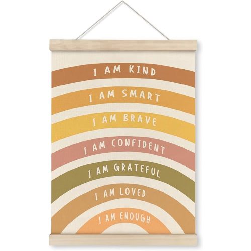 HRQKO Orange I Am Kind Smart Poster Hanger Frame, Boho Rainbow Classroom Wall Art with Wooden Frames, Positive Affirmation Hanging Wall Decor for Nursery Kidls Room, Mental Health Decor,12x16 inch