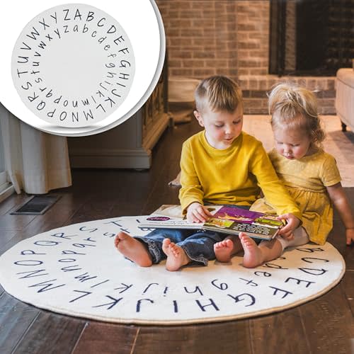 Beloved Little Three Alphabet Kids Rug - 40" Round, White, Educational, Non Slip, Washable, Soft, Reversible