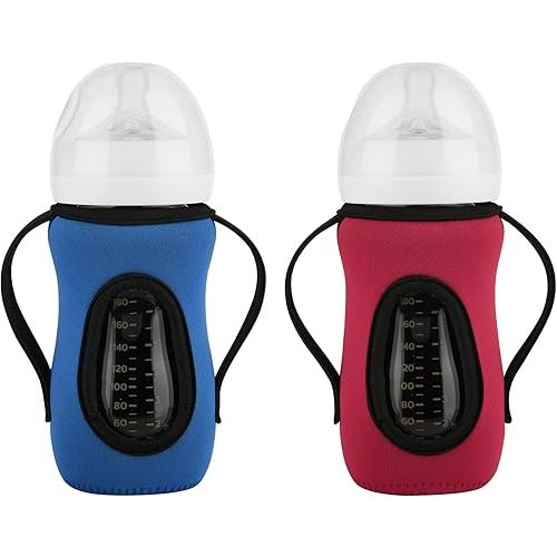 Glass Baby Bottle Sleeve Covers - Reusable Insulator With Improved Heat/Cold Retention, Moisture Neoprene Holder for 8 oz Philips Avent Natural Bottles (Red+Blue)
