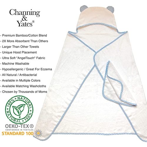 Channing & Yates - Premium Boutique Organic Hooded Baby Towels and Washcloth Set - Softest Baby Towel with Hood - Baby Bath Towel for Newborn - Baby Boy Gift for Baby Shower (Blue)