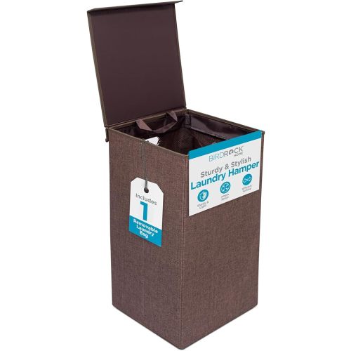 BIRDROCK HOME Laundry Hamper with Lid | Removable Bags for Sorting Clothes | Sectioned Laundry Basket for Bedroom & Bathroom | Collapsible Storage Bin with Cover | Single, Brown