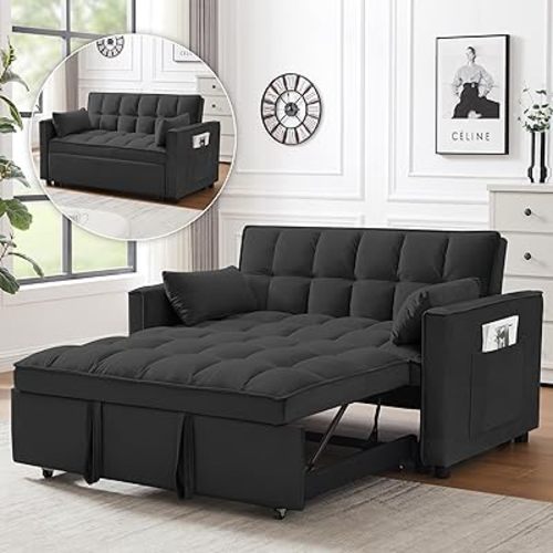 3 in 1 Convertible Sleeper Sofa Bed, Futon Couches for Living Room with Side Pocket | Adjustable Backrest| Velvet Fabric | Pull Out Couch | Loveseat | Sectional Sofa Bed(Black)