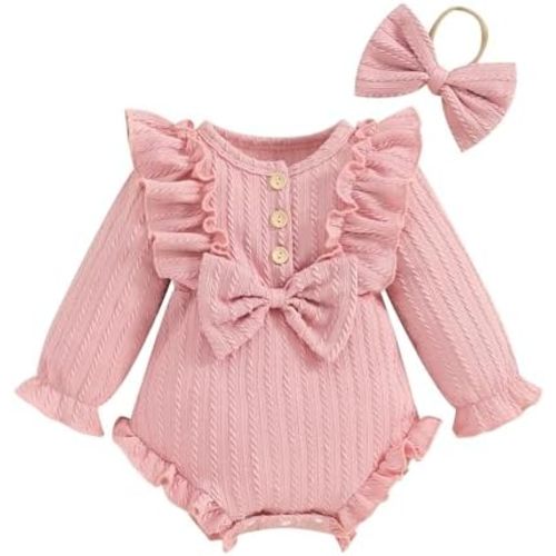 ZAXARRA Infant Baby Girls Fall Outfits Button Front Ruffle Long Sleeve One piece Rompers Cute Newborn Headband Clothing Sets