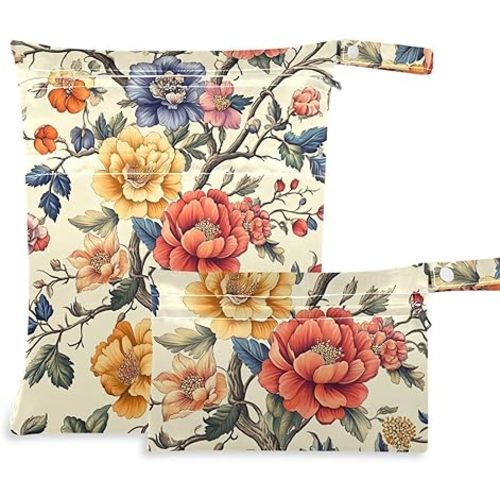 Vintage Floral Wet Dry Bag for Baby Cloth Diaper Waterproof Reusable Travel Wet Bag with Two Zippered Pockets for Swimsuits, 2 Pcs