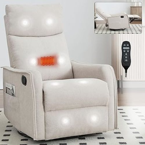 Rocker Recliner Chair for Adults, Swivel Rocker Recliner with Massage and Heat, Adjustable Glider Recliner Nursery Chair with Black Metal Base, Small Recliners for Small Spaces, Living Room (Beige)