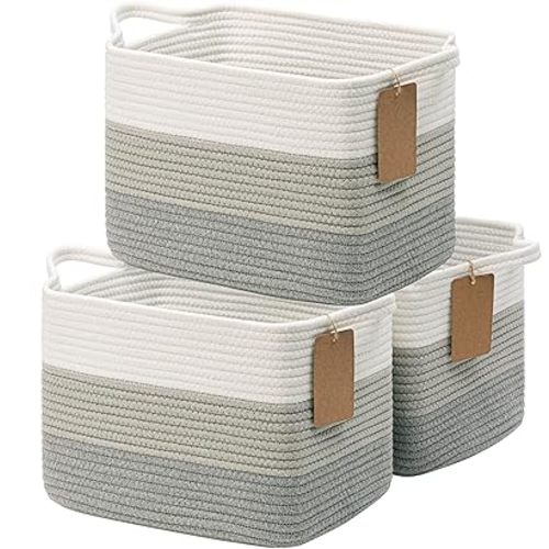 Goodpick Woven Basket, Rope Baskets for Organizing, Toy Baskets Storage Kids, Empty Gift Basket with Handles, Closet Baskets for Shelves, Bathroom, 13 x 10 x 9 Inches, Gray