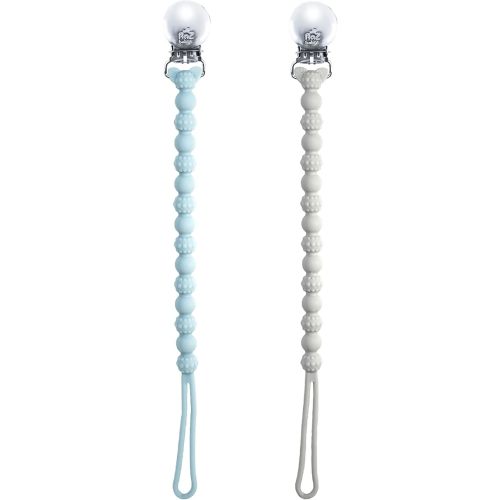 RaZbaby Silicone Pacifier Holder 2 Pack, RaZzies Durable Textured Lanyard Fits Most Pacis Toys, 100% Soft BPA-Free Silicone, Attachable Clasp, Universal Fit, Lightweight – Blue/Grey