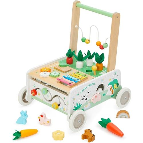 Wooden Baby Walker, Baby Push Walker Adjustable Speed Baby Walker Toddler Activity Center Toys Montessori Farm Walker Toy with Shape Sorter Carrot Wooden Toy for Boys and Girls