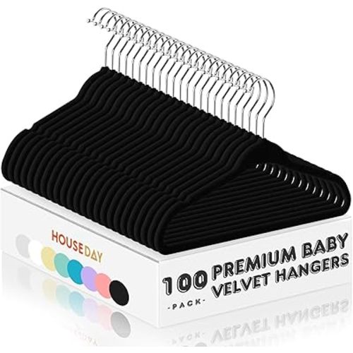 HOUSE DAY 11 Inch Velvet Baby Hangers 100 Pack Black, Premium Kids Hangers for Children, Infant & Toddler Clothes, Durable Non Slip Small Baby Felt Hanger for Closet, Ideal for Everyday Use
