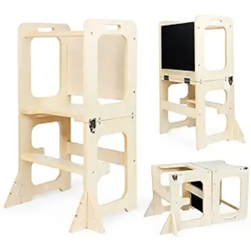 Asweets Toddler Tower, 4-in-1 Standing Tower for Multi Kitchen Stool with Chalkboard, Toddler Step Stool Table Combo, Anti-Slip Protection, Ideal Helping Tower for Toddlers in Kitchen (Wood)