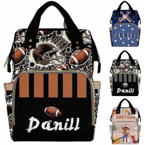 Personalized Diaper Bag Backpack with Name Football Pattern Custom Monogram Backpack Travel Outdoor Mommy Bag Customized Gift for Newborn Baby Boys Girls Nursing Bags Gift for New Mom Dad