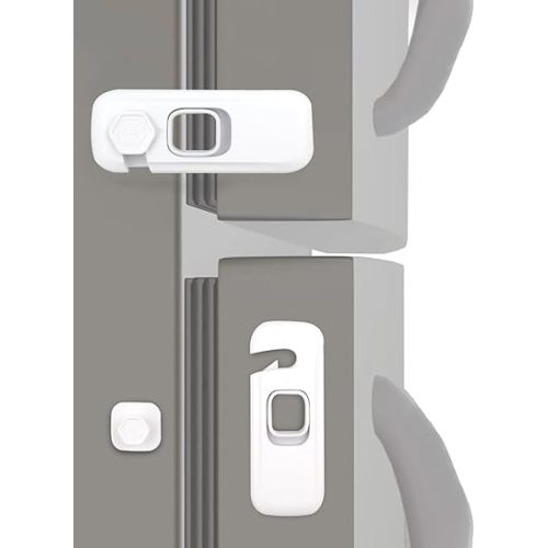 Child Proof Refrigerator Lock,2 Pack White Fridge Locks for Kids with Sticky Adhesive Pads,Baby Safety Locks for Fridges, Cabinets, Drawers, Double Doors and More
