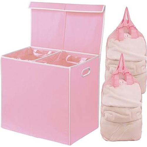 Simple Houseware Double Laundry Hamper with Lid and Removable Bags, Pink