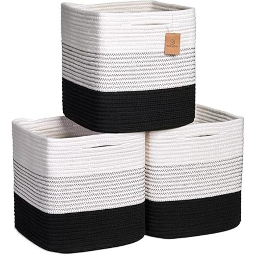 NaturalCozy Storage Cubes 11 Inch Cotton Rope Woven Baskets for Organizing, 3-Pack | Cube Storage Bin | Square Storage Baskets for Shelves Organizer, Classroom, Kids Toy Bins, Closet, Baby Nursery